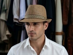 Men's Tan Straw Fedora Hat with Decorative Band